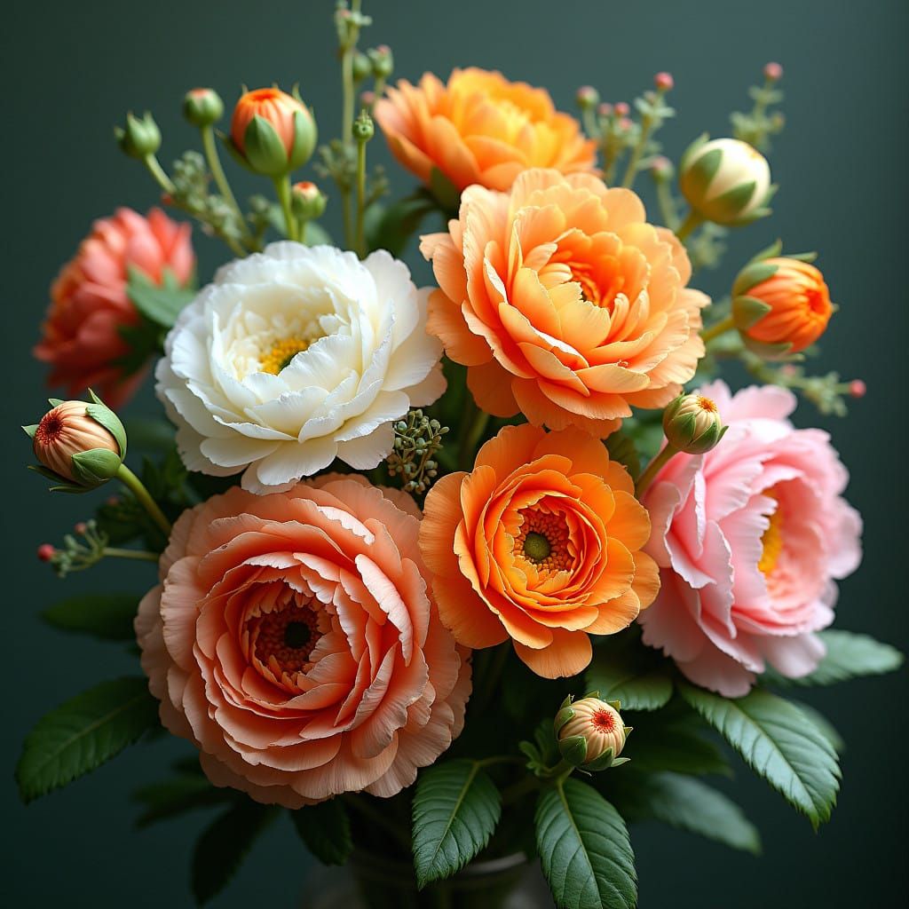 Realistic Whimsical Bouquet of Ranunculus in Vibrant Colors