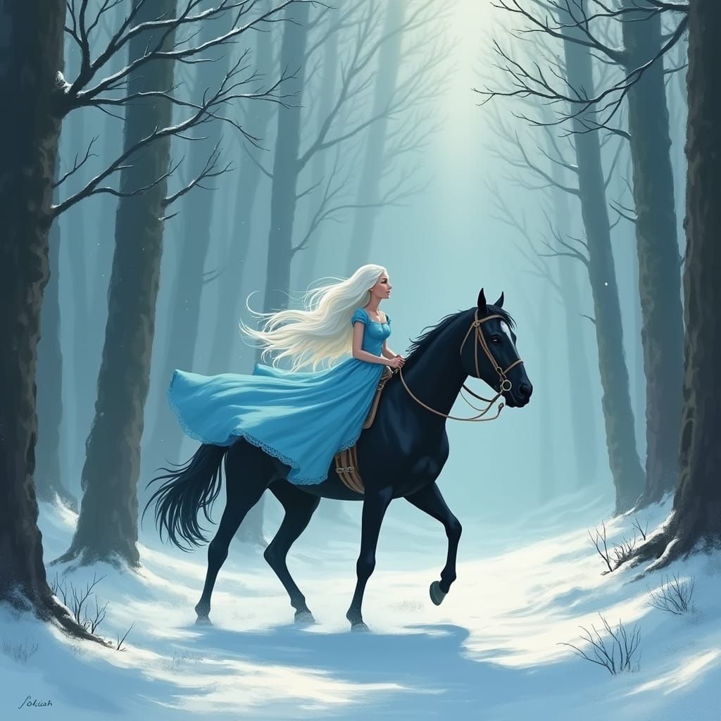 Princess Rides Black Horse Through Snowy Forest