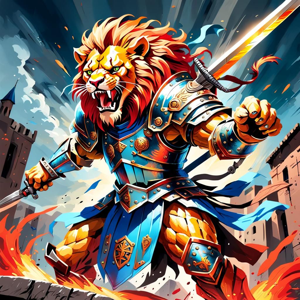 Lion Gladiator Roaring with Sword in Digital Art