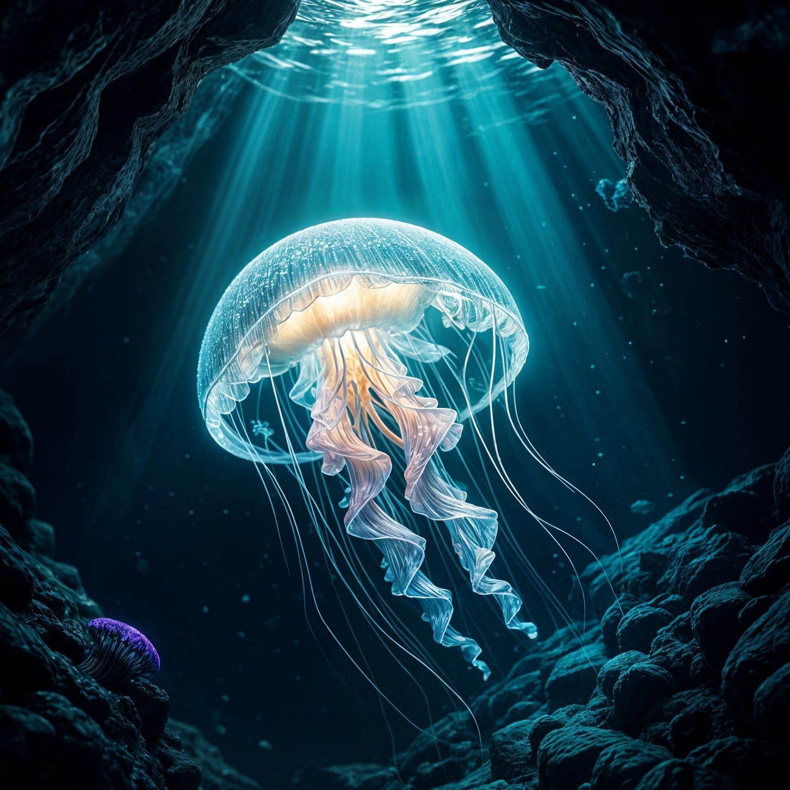 Bioluminescent Jellyfish in Underwater Cave: Fantasy Concept...