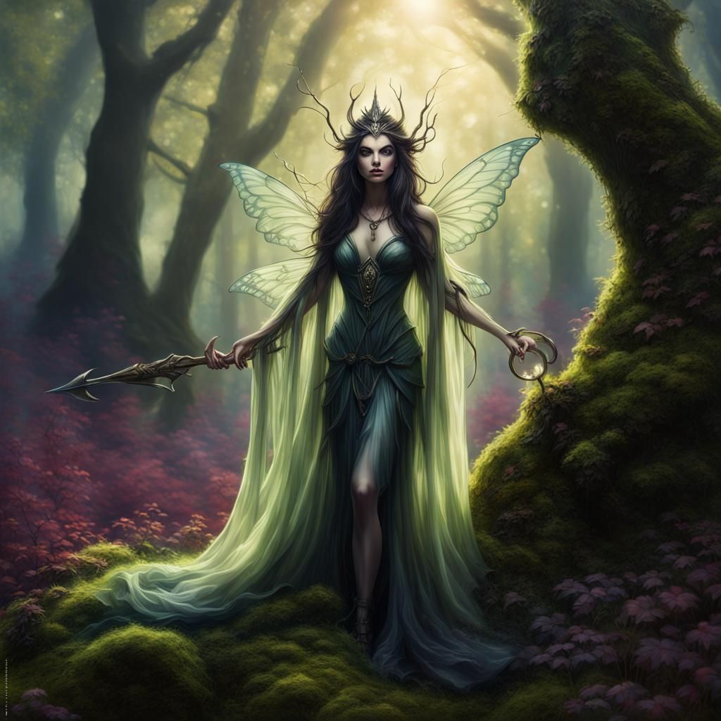 Dark fairy queen with a diaphanous  gown, scepter, dark flowing hair, piercing eyes, in a moss-covered glade, backlit, H...