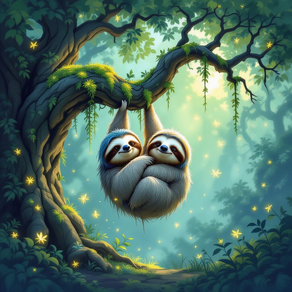 Whimsical Sloth with Bioluminescent Moss in Magical Grove