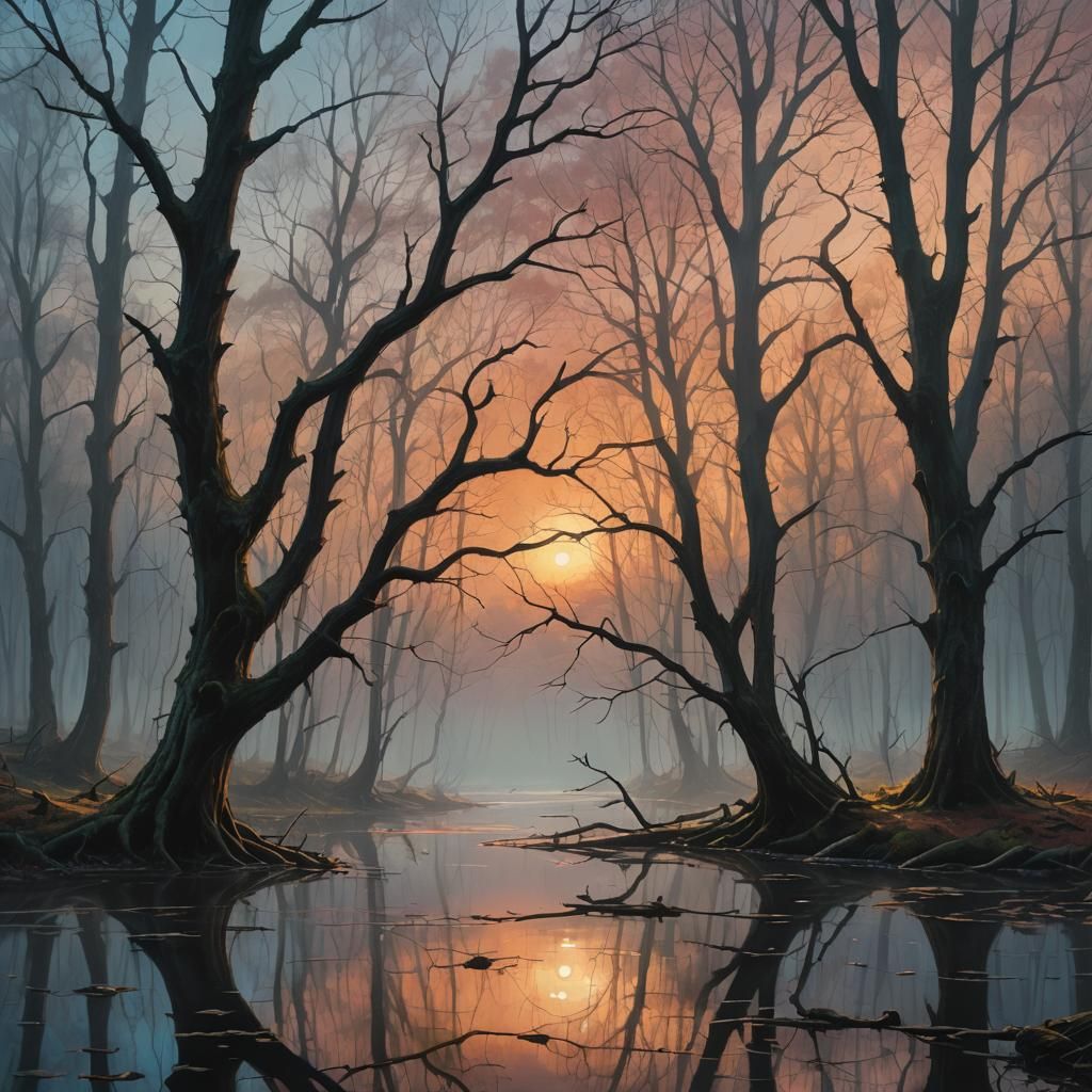 Surreal Sunrise Over Misty Forest Lake