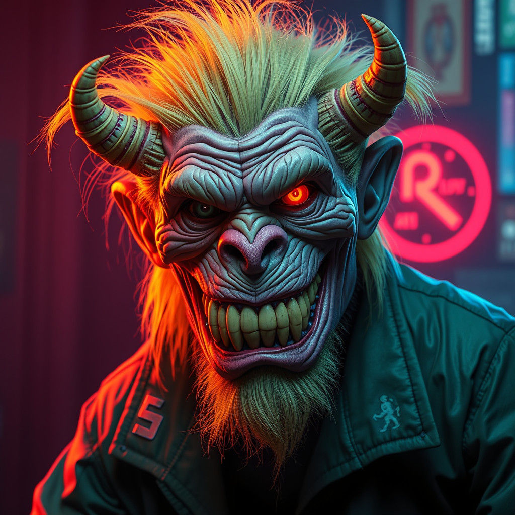 Cyberpunk Troll Thug in Neon Cityscape