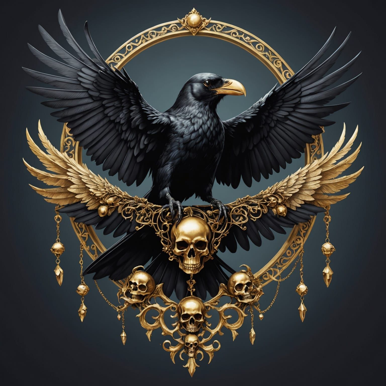 Black Crow Tattoo Design with Skulls and Gold