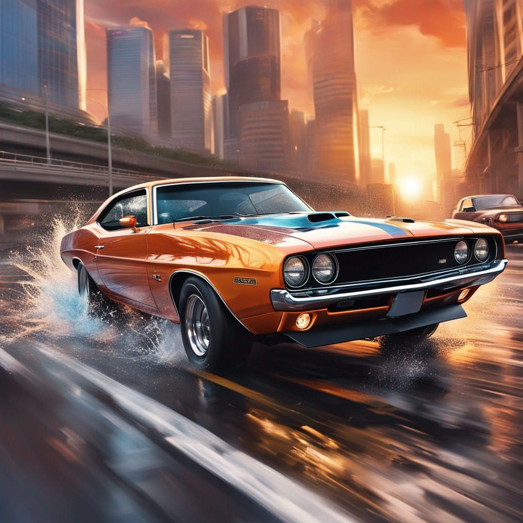 Muscle Car at Sunrise: Hyperrealistic Splash Art