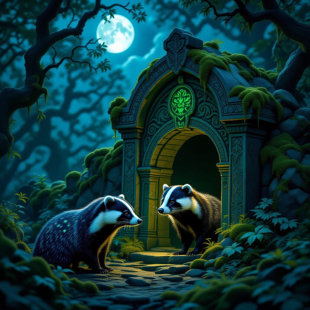 Bioluminescent Badger Guards Ancient Tomb in Enchanted Fores...