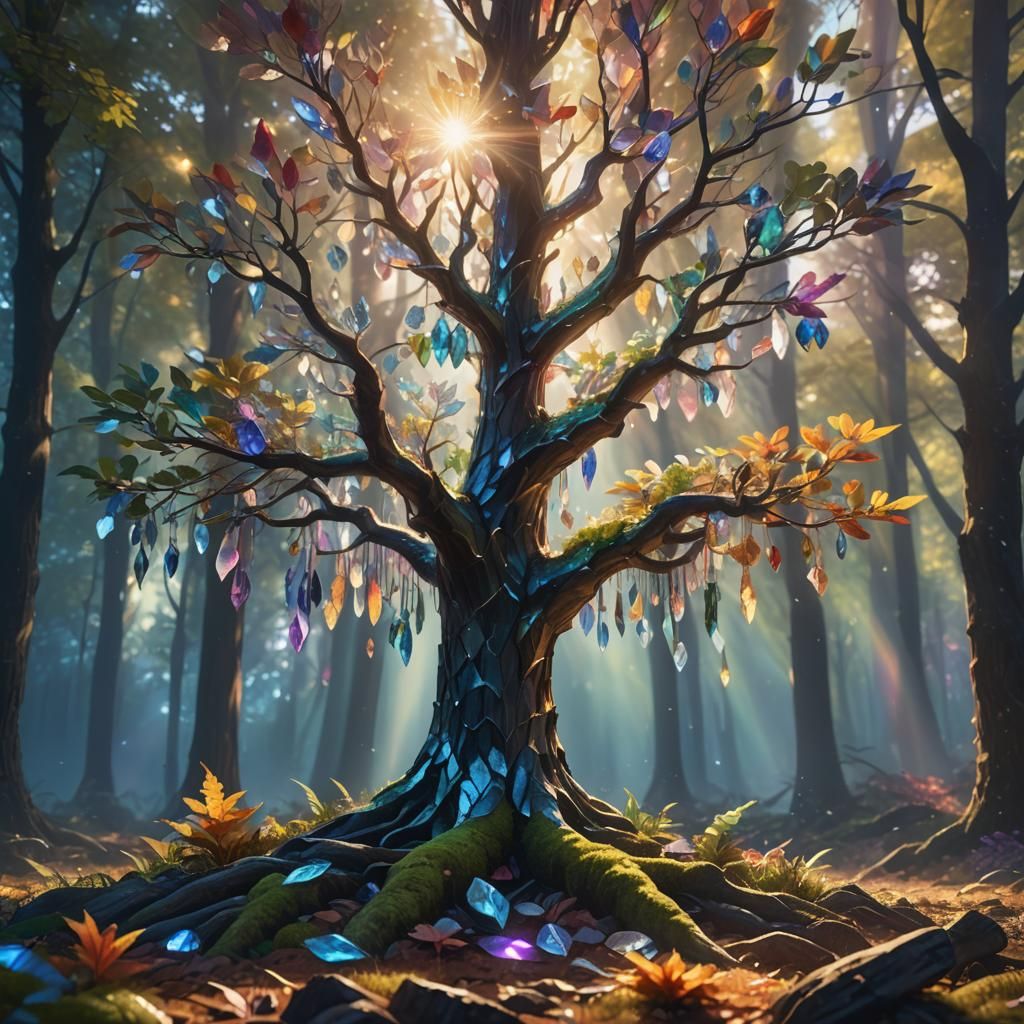 Crystal Tree Forest with Rainbow Light: Fantasy Art