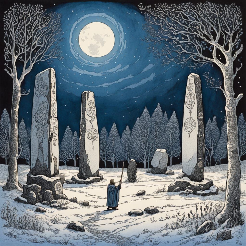 Druid's Winter Offering at Standing Stones, Folk Art Style