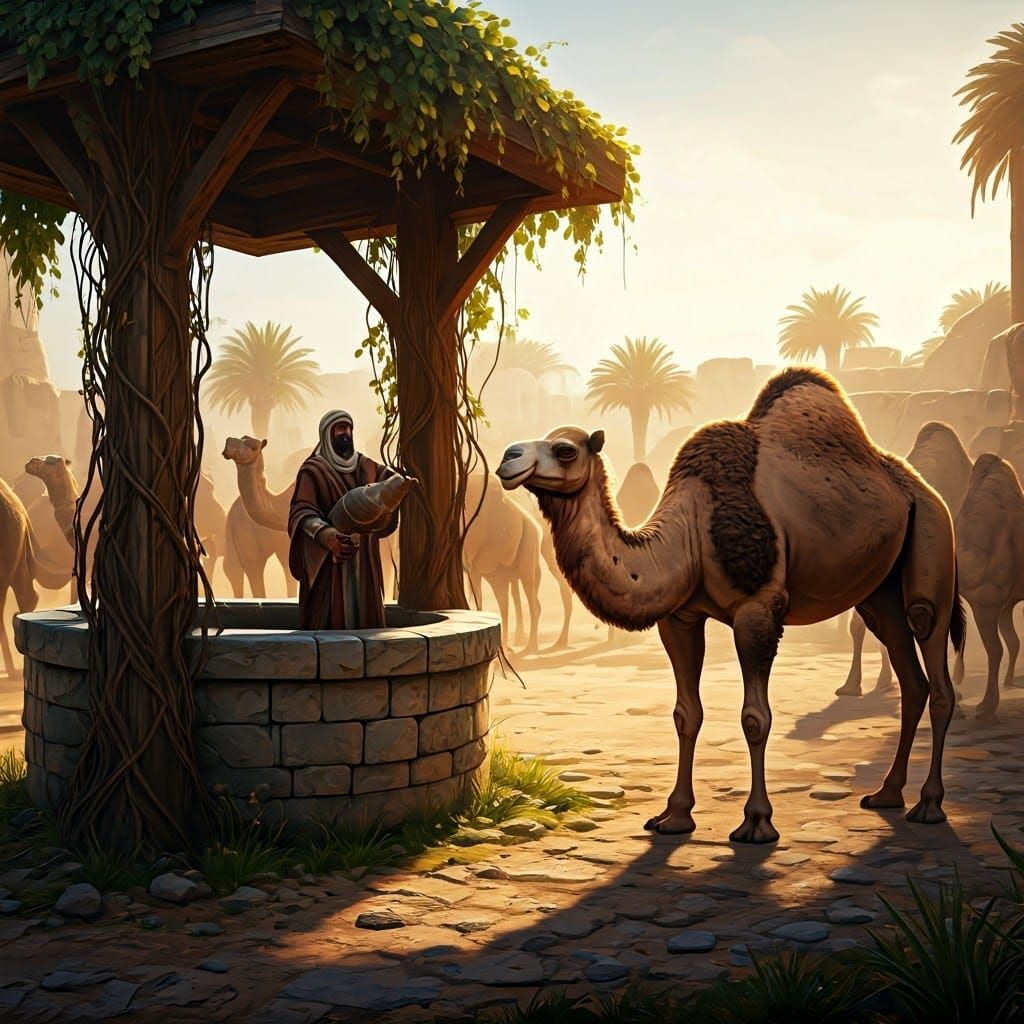 Benevolent Figure Tends to Camels in Golden Desert Oasis