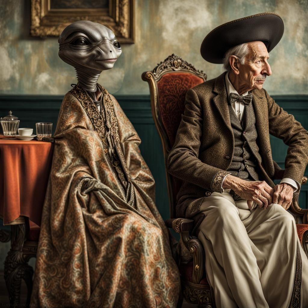 Surreal Restaurant Scene with Aliens and Humans