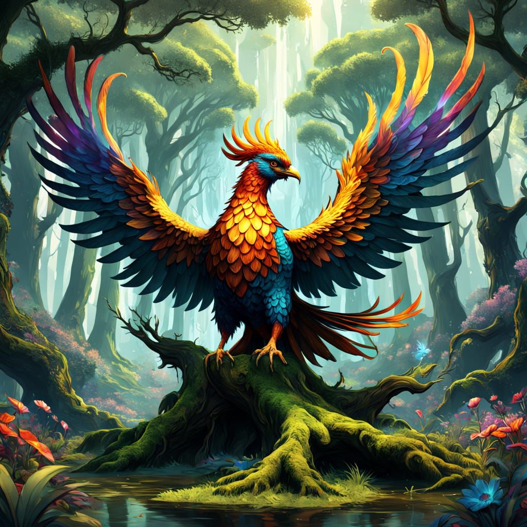 Majestic Phoenix With Stained Glass Feathers on Gnarled Tree
