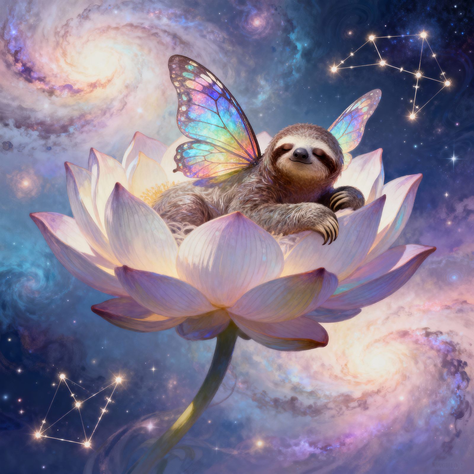 Ethereal Sloth with Butterfly Wings in Cosmic Lotus Flower