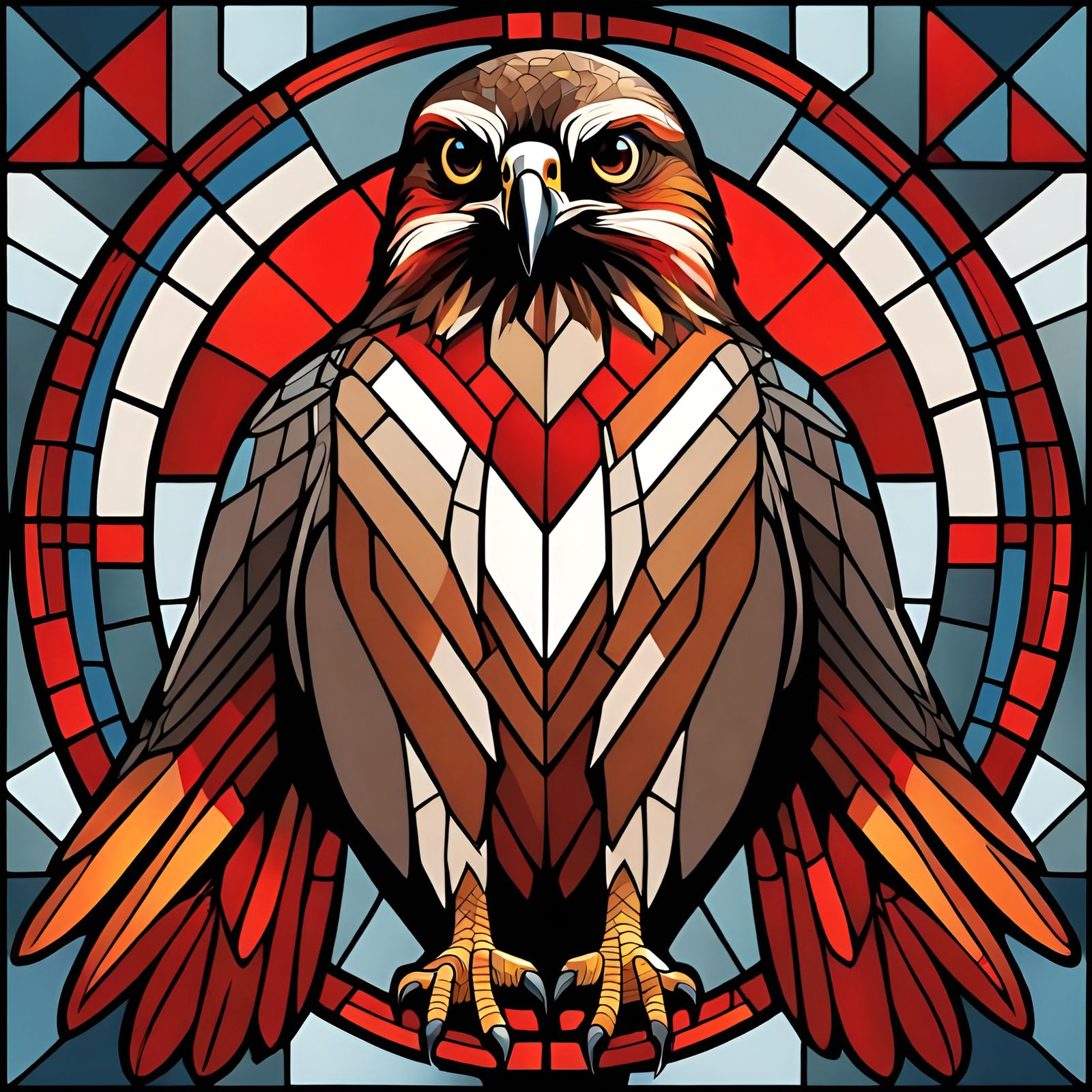 Stylized Redtail Hawk in Architectural Stained Glass Style