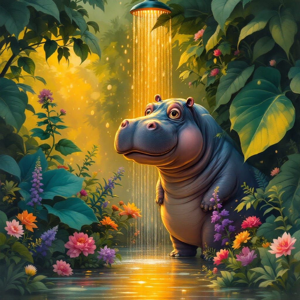 Whimsical Hippo in Serene Shower Oasis