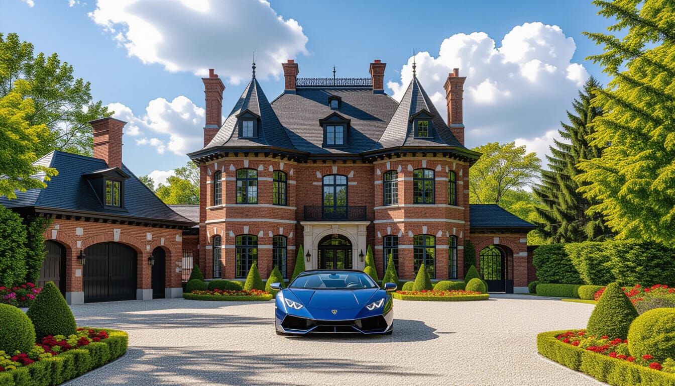 Victorian Chateau with Lamborghini in Summer Garden