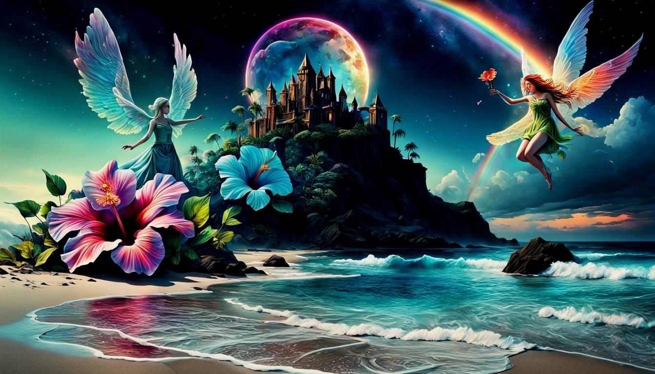 Angel and Hibiscus Flower at Twilight in Collage Style