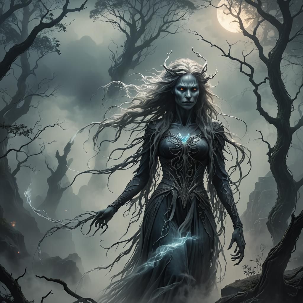 Ethereal Banshee on Misty Cliffside in Moonglow Style