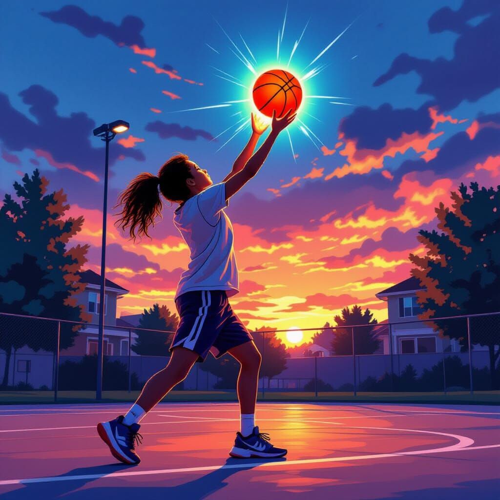 Basketball Player Shoots Glowing Ball in Cyberpunk Style