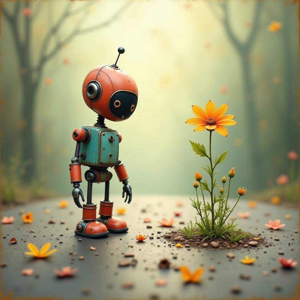 Whimsical Robot Discovers Flower Growing From Asphalt