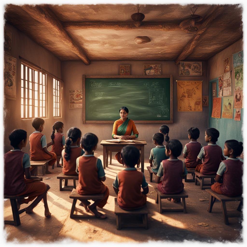 Indian Teacher in Village Classroom: Detailed Matte Painting