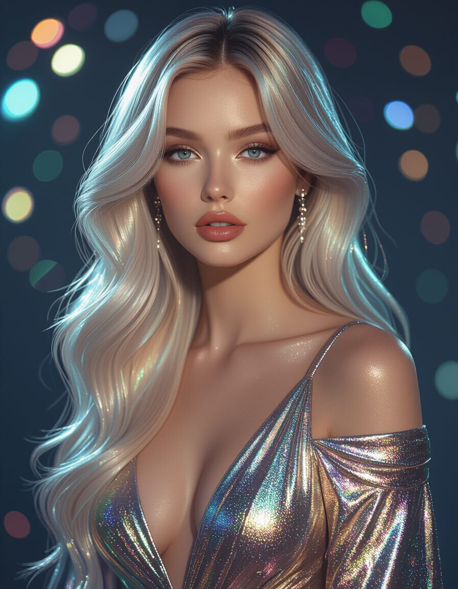 Iridescent Woman in Metallic Gown, Hyperrealistic Style