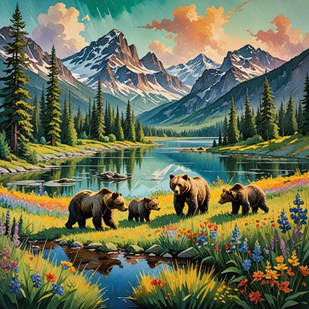 Lush Alaskan Wilderness Scene in Impressionist Gouache