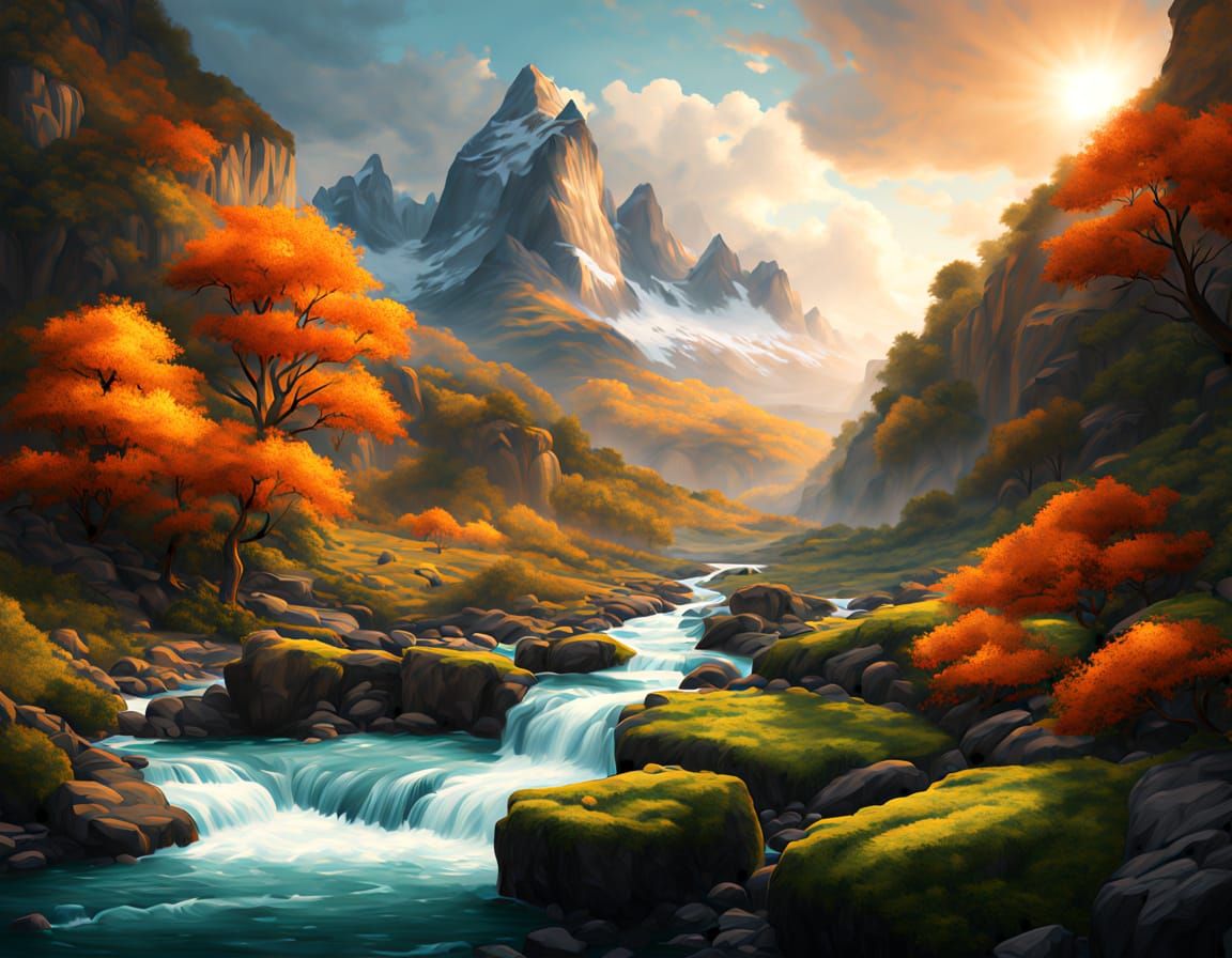 Photorealistic Waterfall Landscape with Dramatic Light Rays