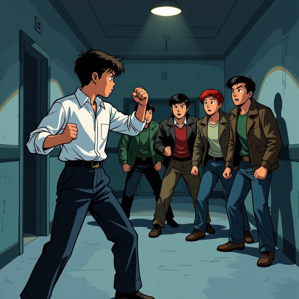 Lucien Defends Classmate from Bullies in Moebius Style