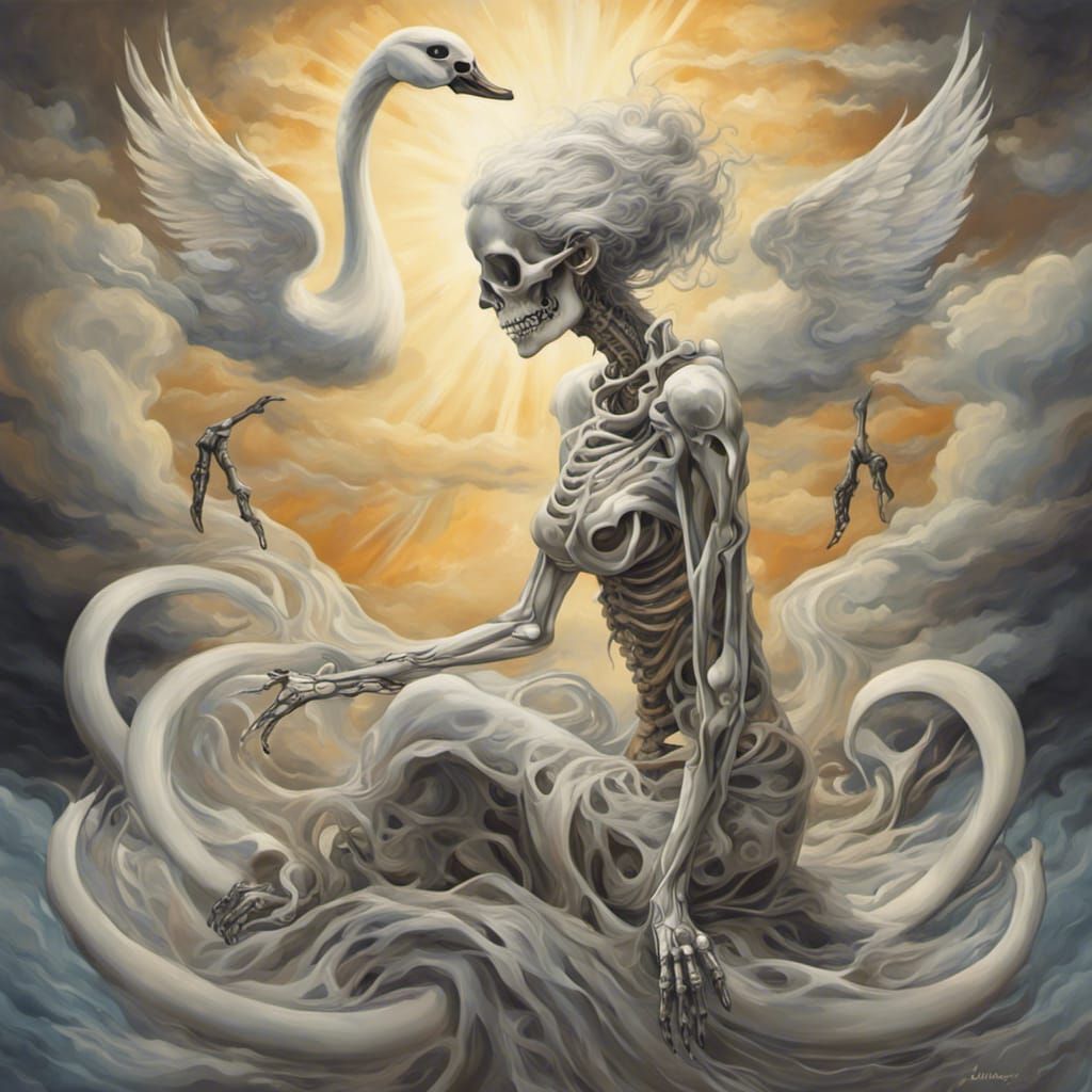 Skeleton Woman Creates Fractal Swan, Abstract Vector Art