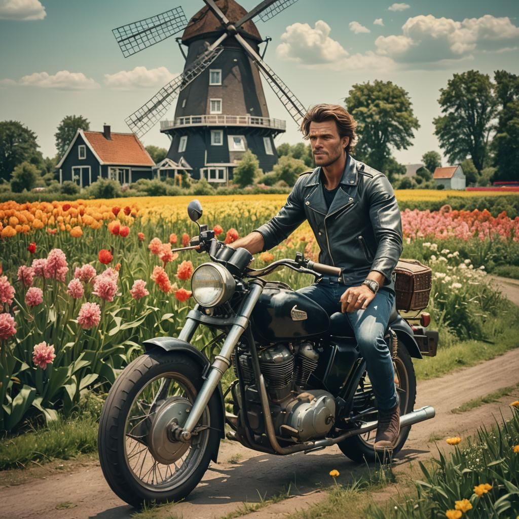 Cinematic Man on Motorbike in Dutch Flowerfield