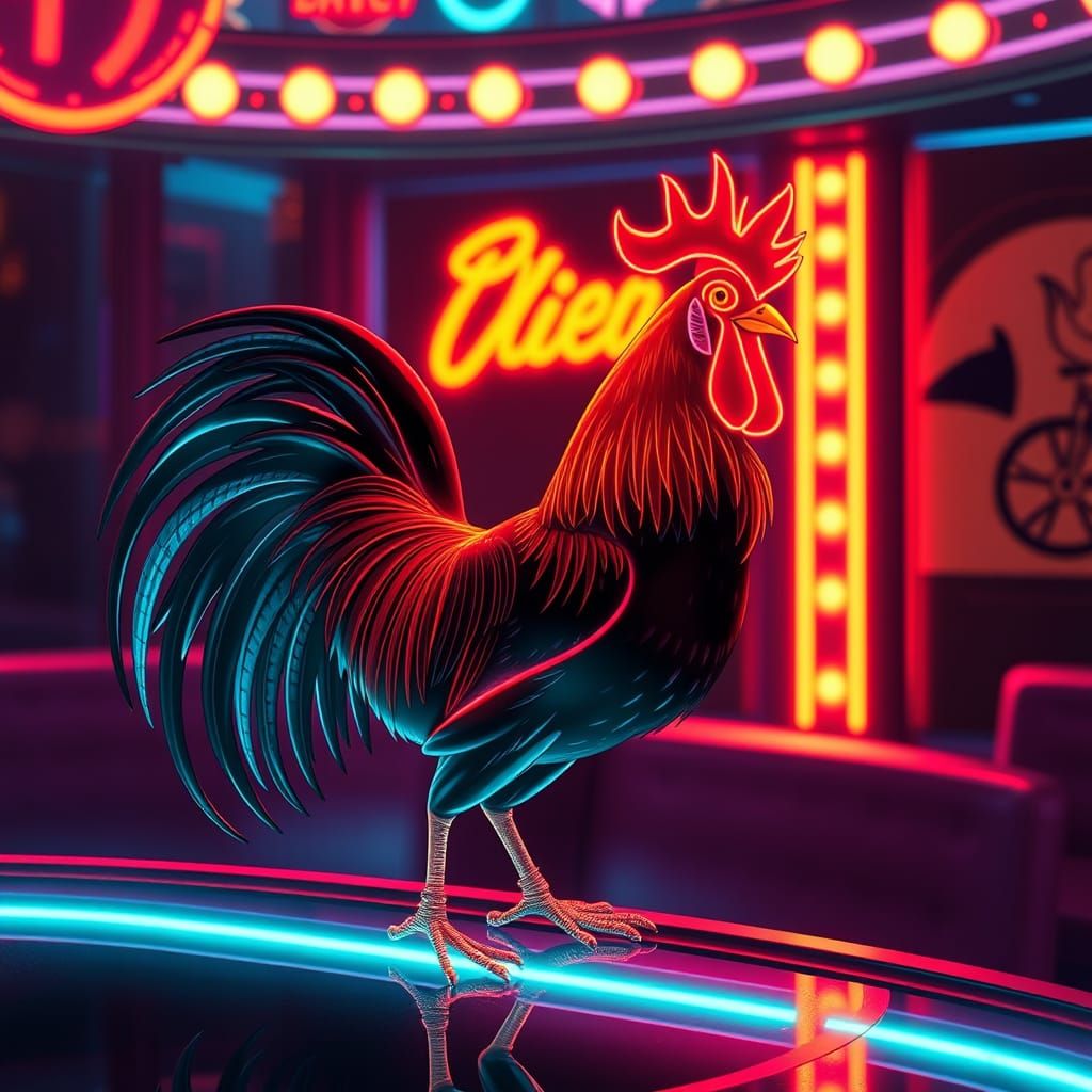 Glowing Disco Rooster in Futuristic Neon