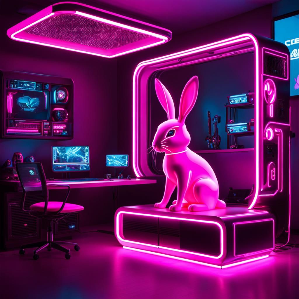 Cyber Bunny Bot's Neon Hutch Home in Cyberpunk Style