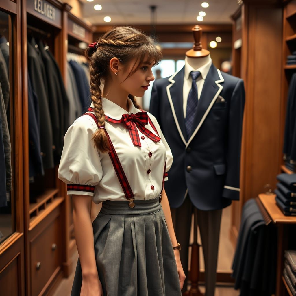 Young Woman Examines Vintage School Uniform in Men's Clothin...