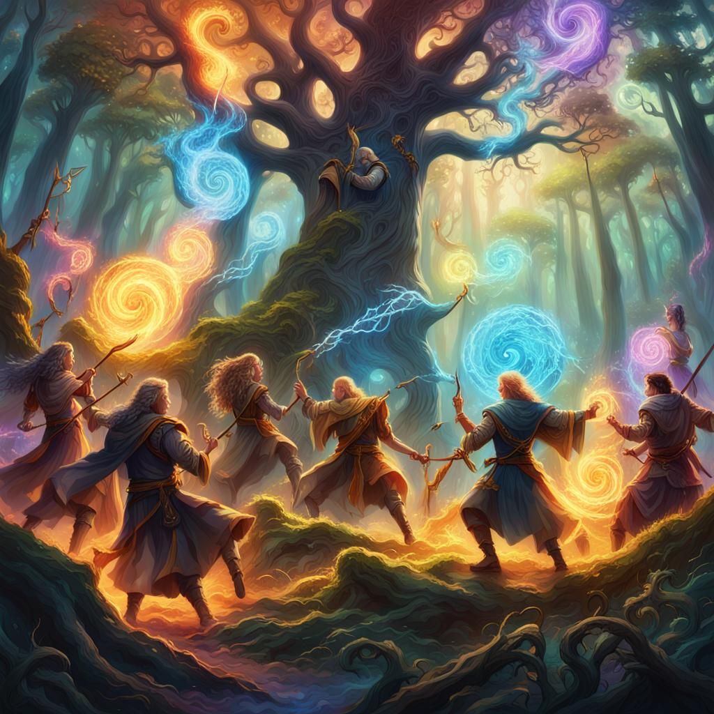 Magical Duel in Mystical Forest: Epic Fantasy Art