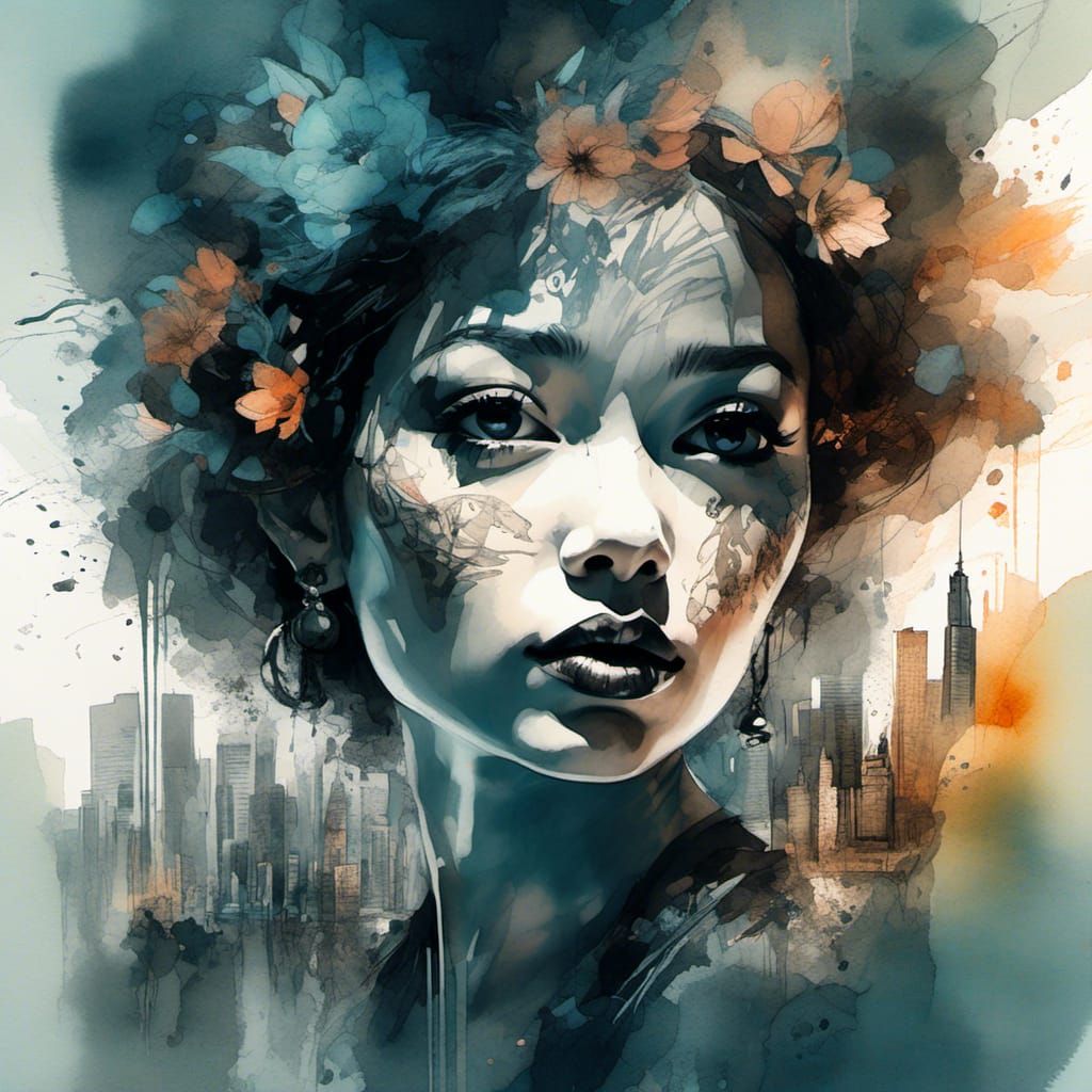 Betty Boop in Dark Watercolor Cityscape