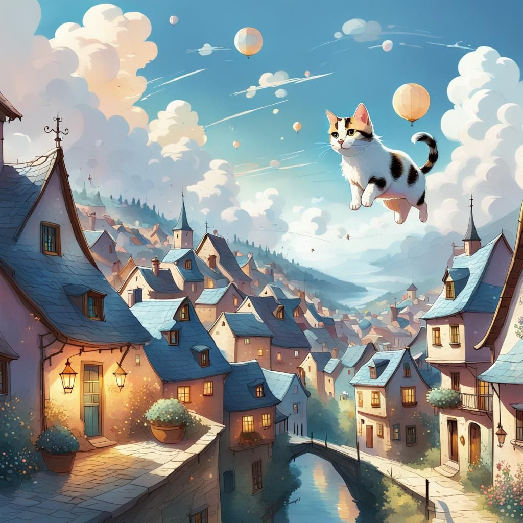 Cloud Cat Flying Over Charming Village, Whimsical Art