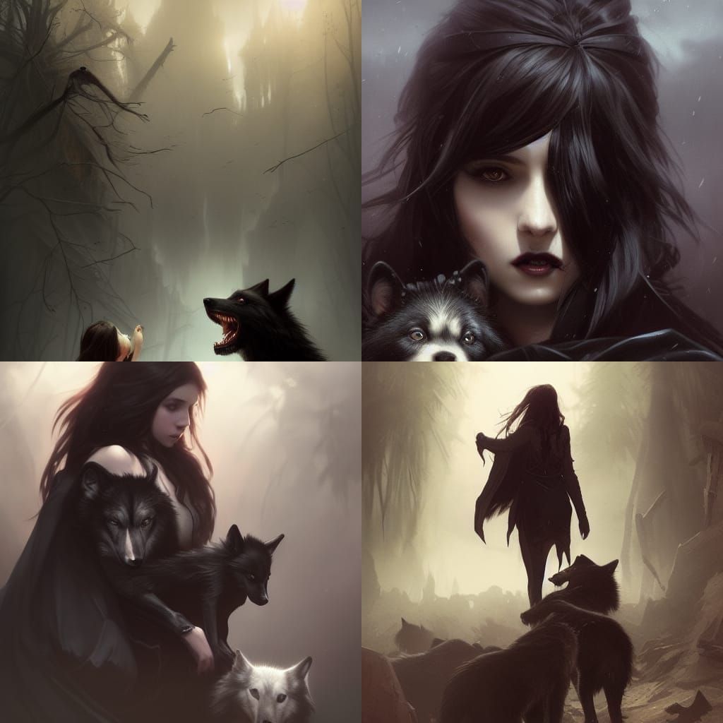 Vampire Girl with Wolf Puppies: Dark Fantasy Art