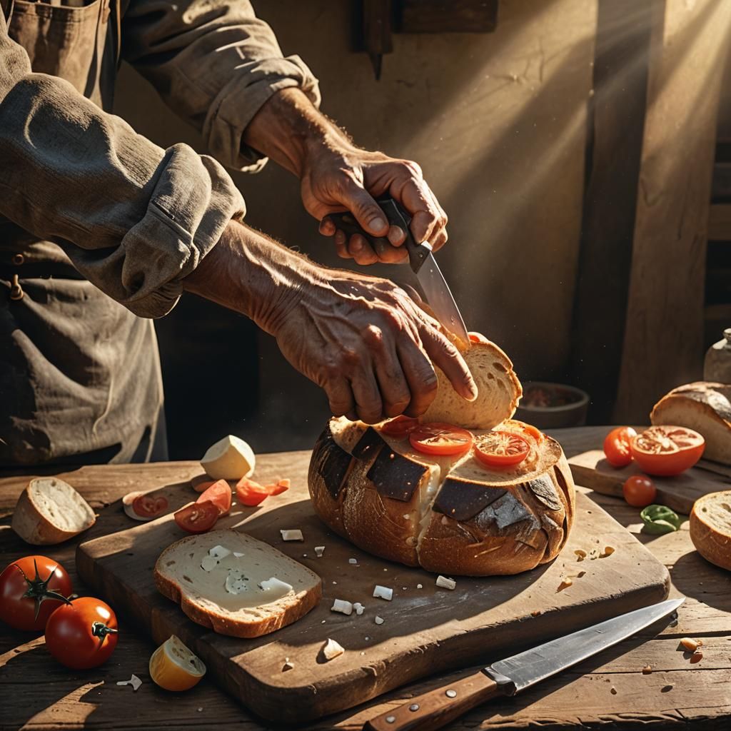 Hyperrealistic Farmer's Hand Slicing Bread as Oil Painting