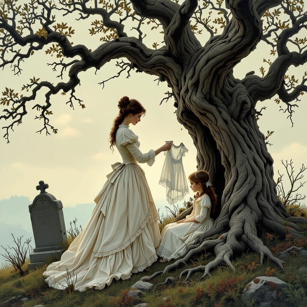 Woman in Tree Tossing Dress in Fantasy Style