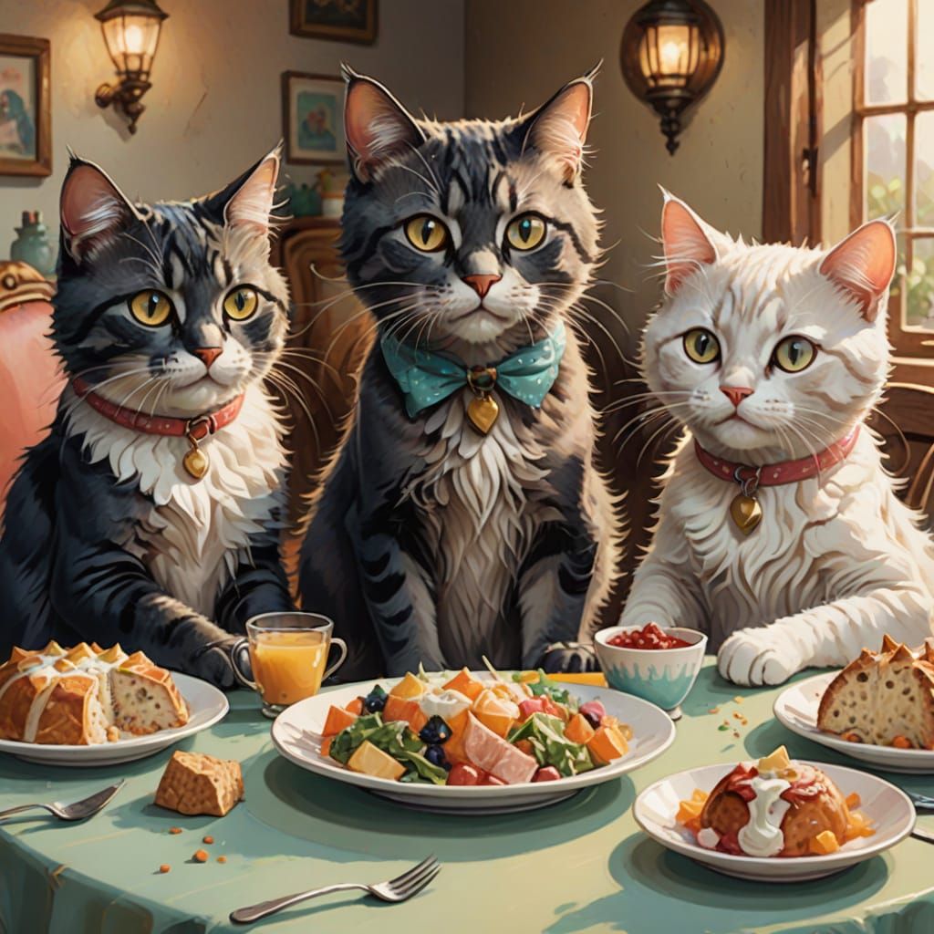 Whimsical Cats Feast: A Pastel Fantasy Illustration