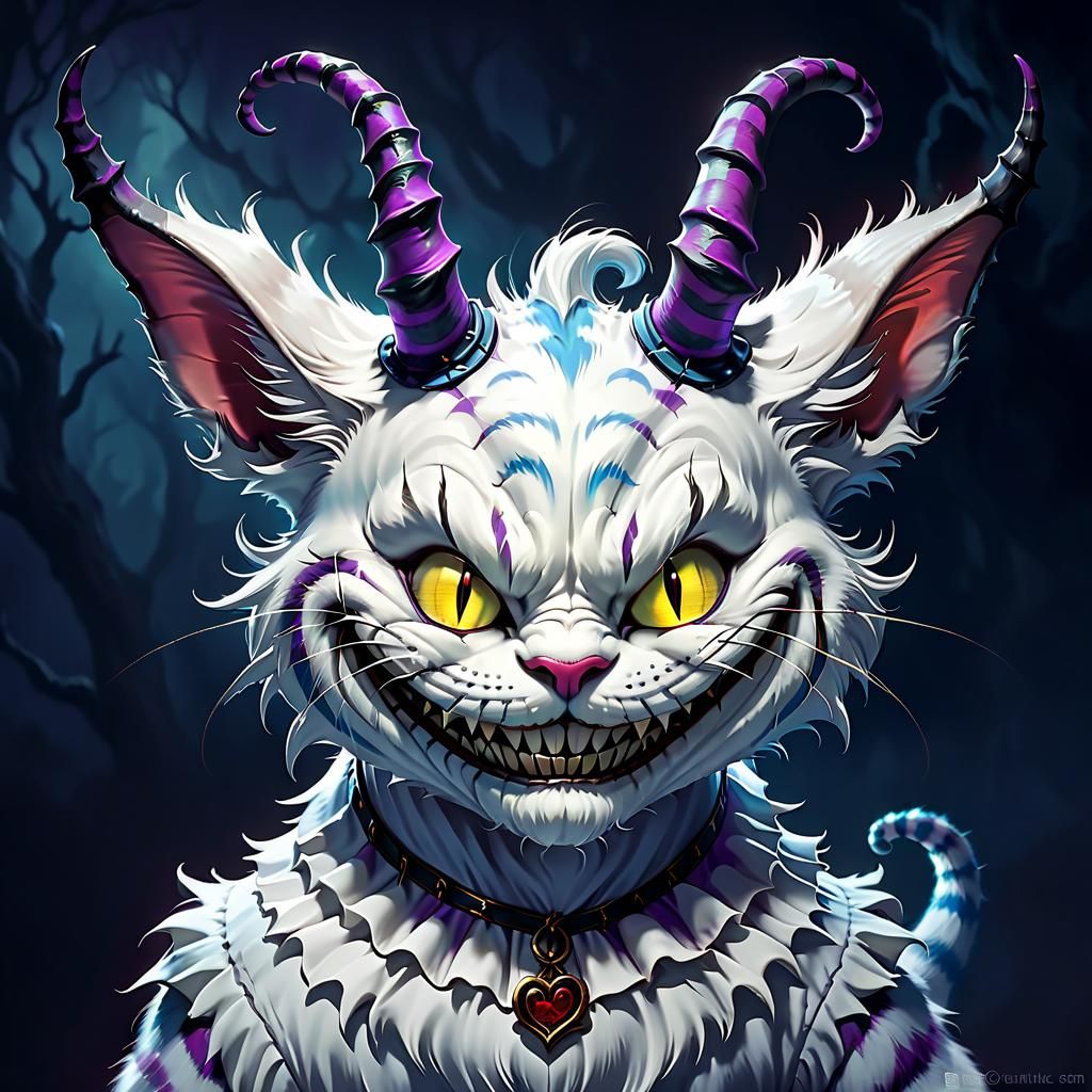 Evil Cheshire Cat with Horns Smiling Madly