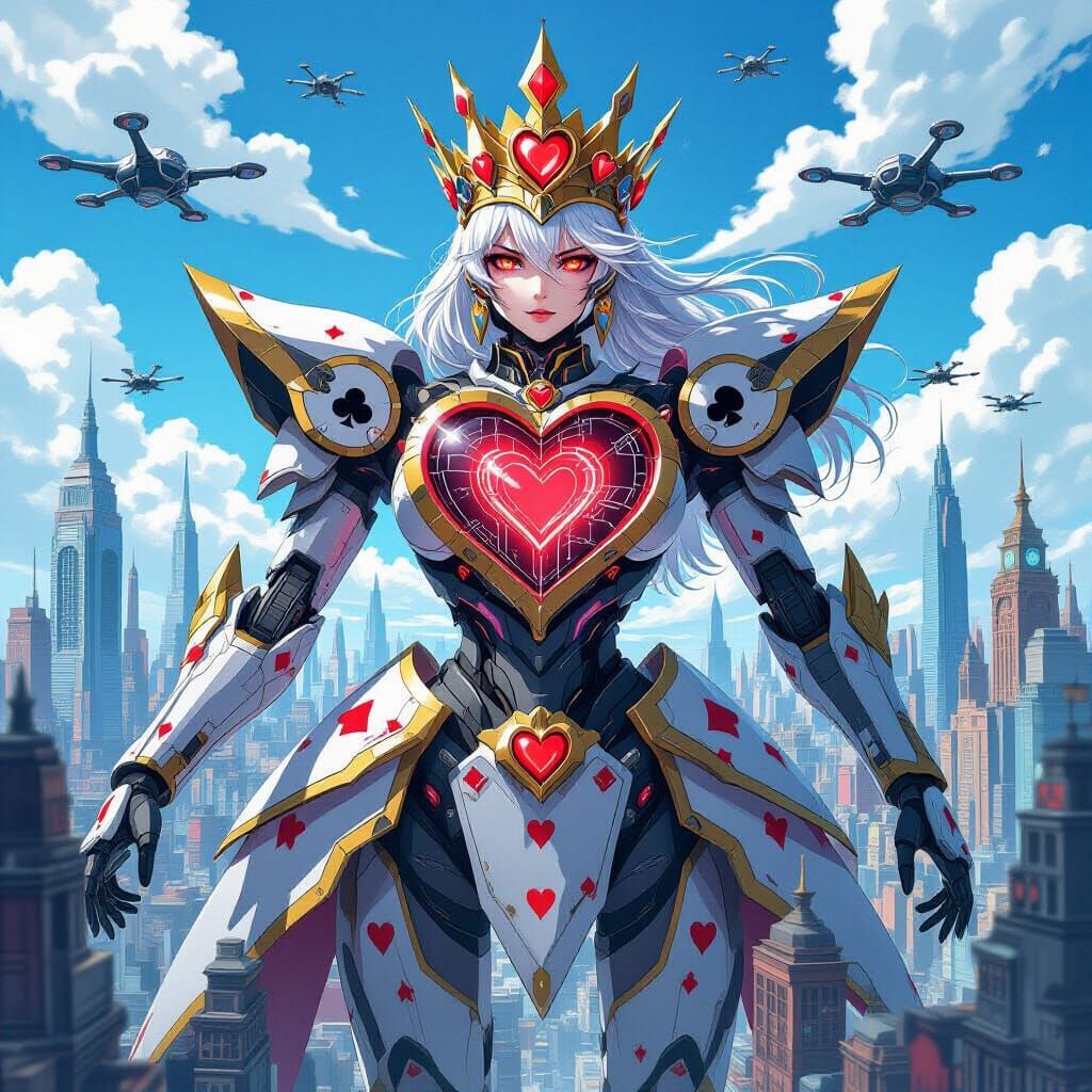 Mechanical Queen of Hearts Rules Futuristic Cityscape