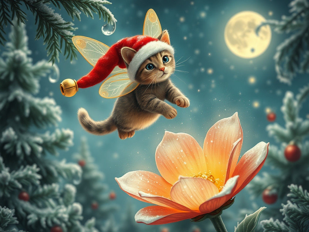 Whimsical Flying Cat in Winter Wonderland