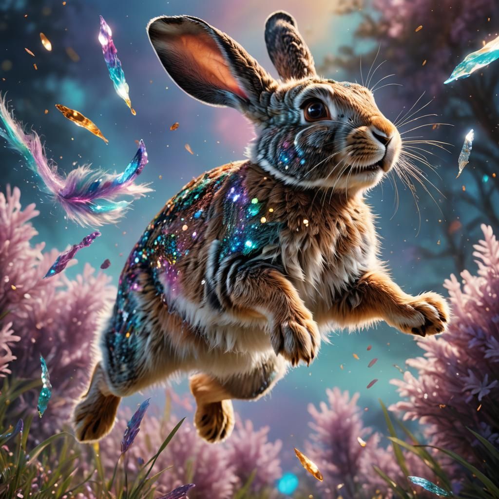 Glossy Rabbit Leaps in Hyper-Realistic 3D Fantasy Art