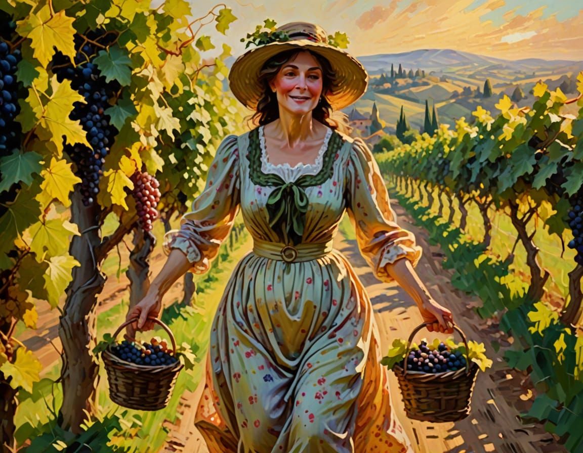 Woman Stomping Grapes in a Vibrant Vineyard Scene