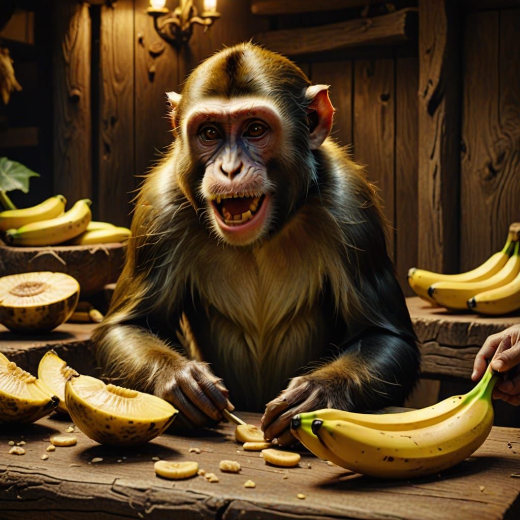 Monkeys Enjoying Bananas in Golden Hour Light