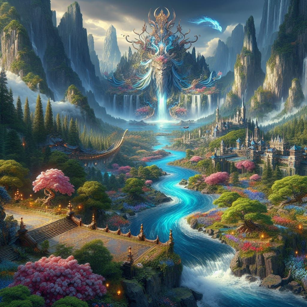 Lush Mountain Waterfall Fantasy Concept Art