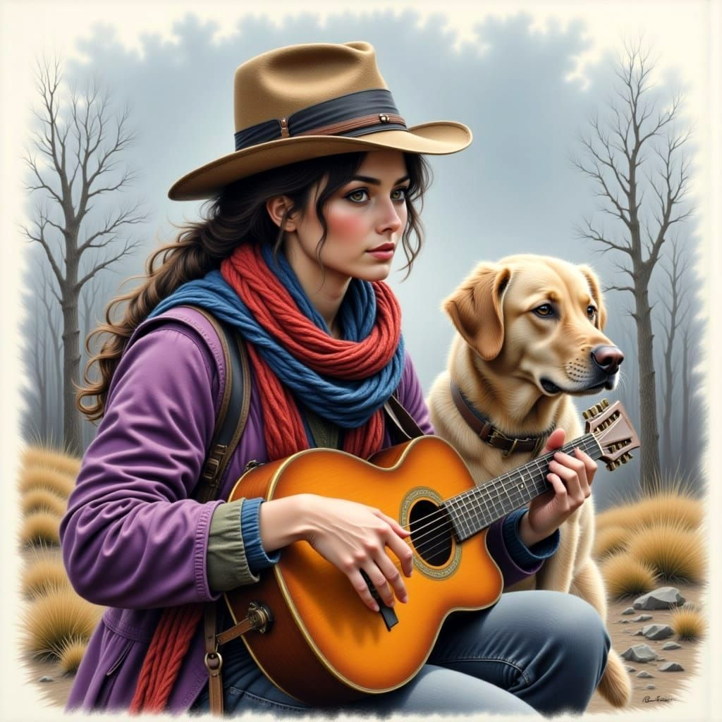 Traveling Musician and Dog in Pencil Sketch Style