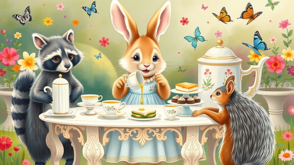 Whimsical Bunny Tea Party in Watercolor Style